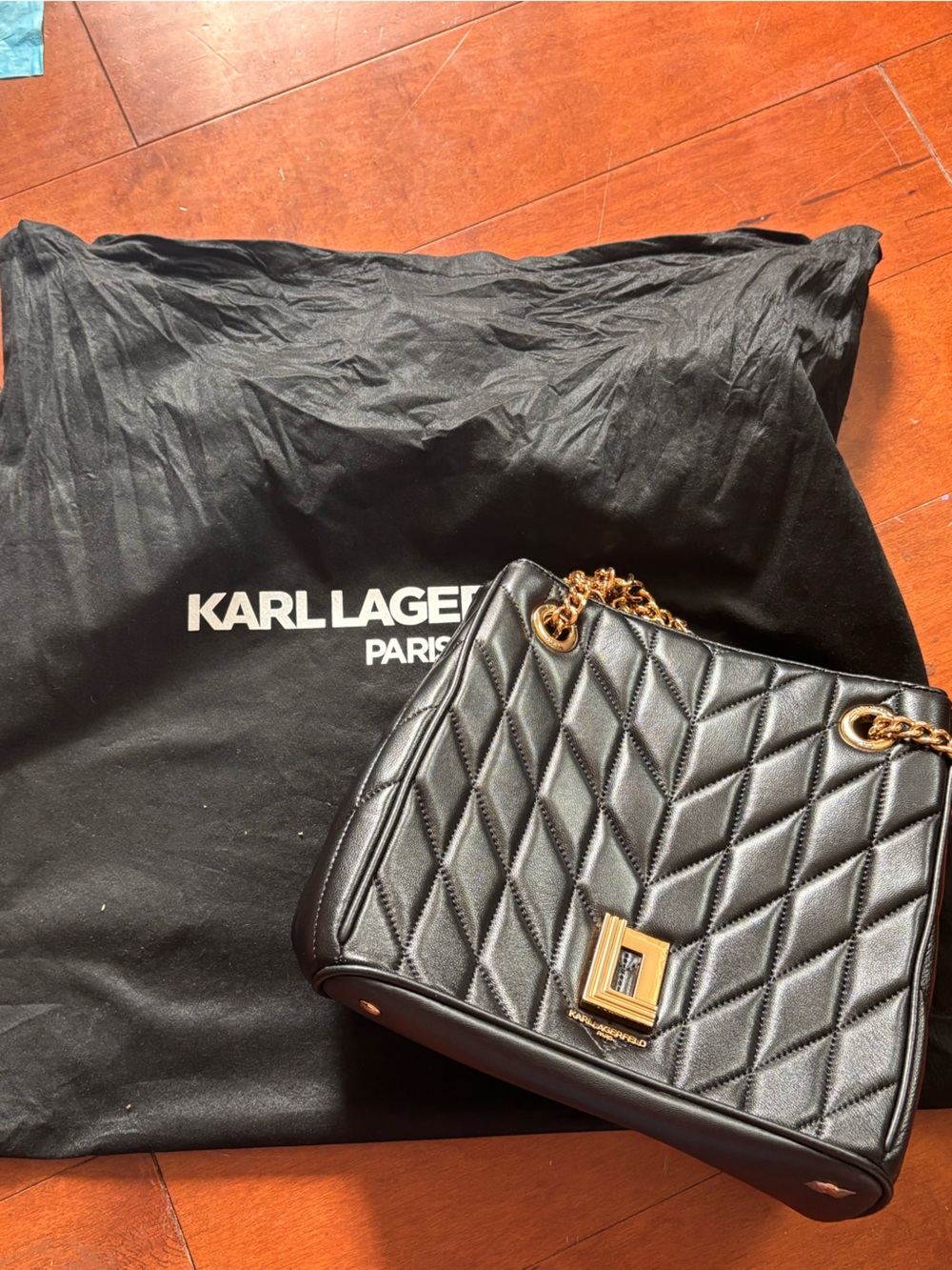 Karl Lagerfeld Black Quilted Shoulder Bag with Gold Hardware